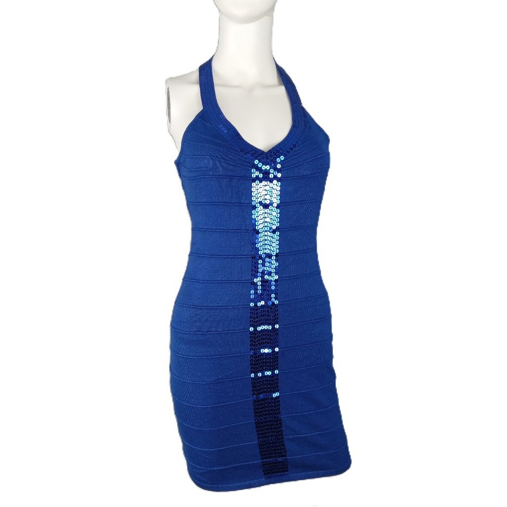 Say What? Women's Bodycon Mini Dress Size Medium Blue Ribbed Knit Sequins Halter